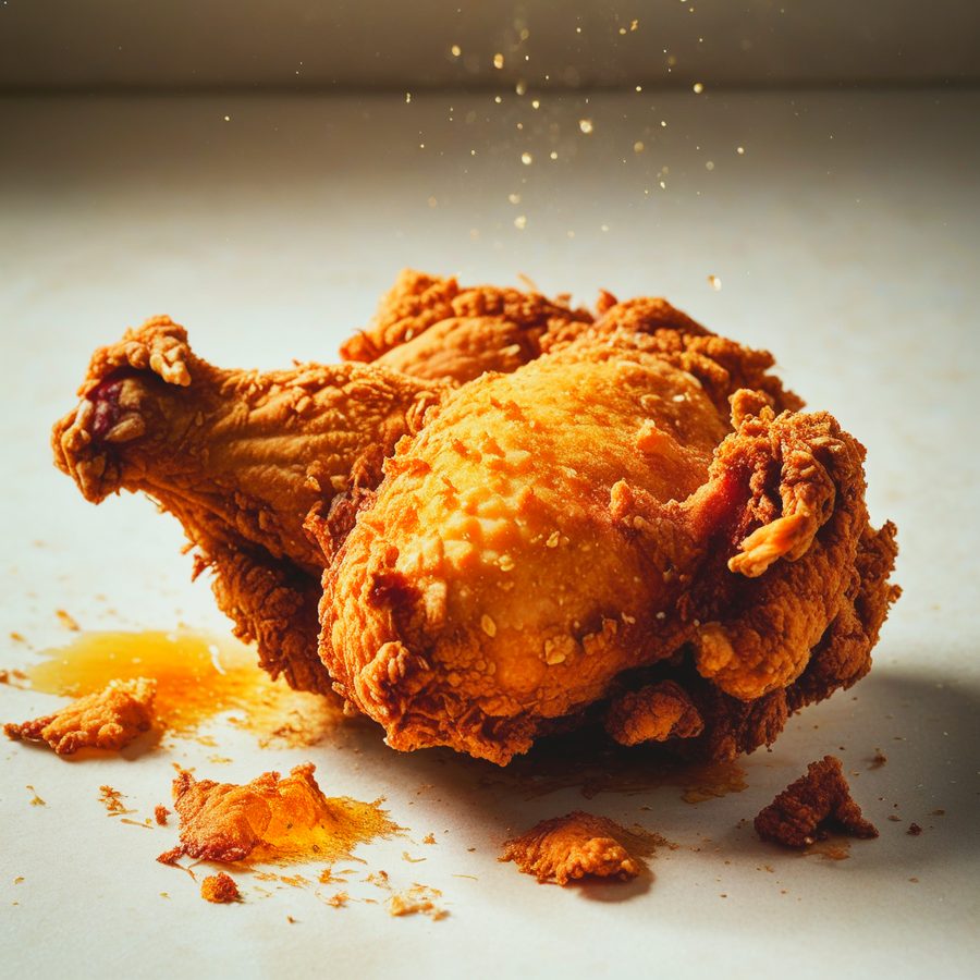A single piece of fried chicken, honey catching the light on its crust