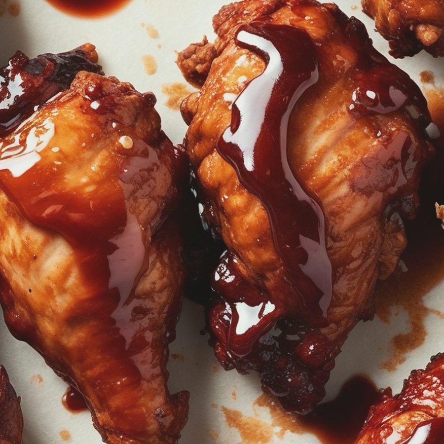 Sauce-glazed fried chicken pieces, close up