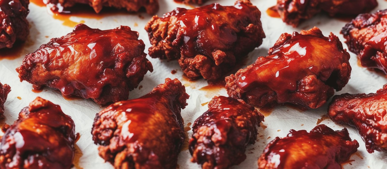 Hot chicken pieces glazed in glossy cayenne oil, close up