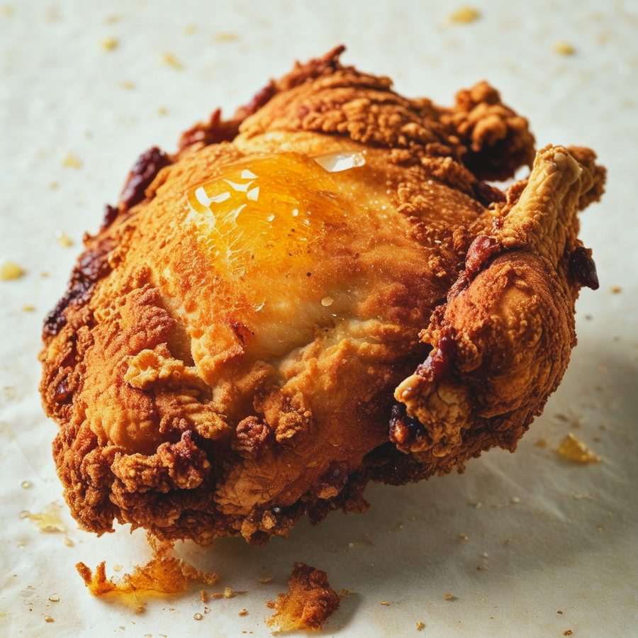 A single piece of fried chicken resting on pale paper